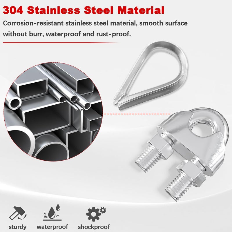 Twidec /20PCS 304 Stainless Steel 1/8" Wire Rope Cable Clip Clamp and Stainless Steel Thimbles for Wire Rope Rigging Tent Rope Guardrail System - Image 4